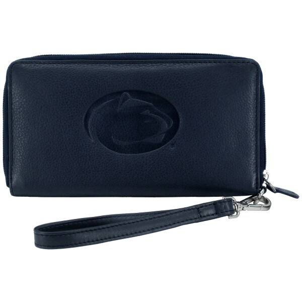 navy leather wristlet wallet with Penn State Athletic Logo